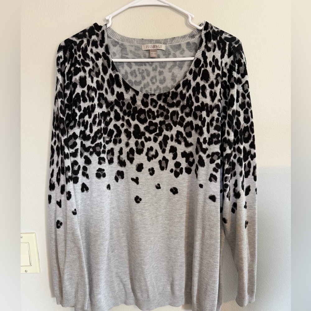 Roz & Ali Black and Gray Leopard-Print Long Sleeve Scoop Neck Top